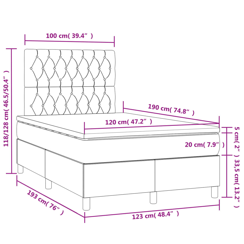 Sommier à lattes de lit matelas et LED marron foncé 120x190 cm