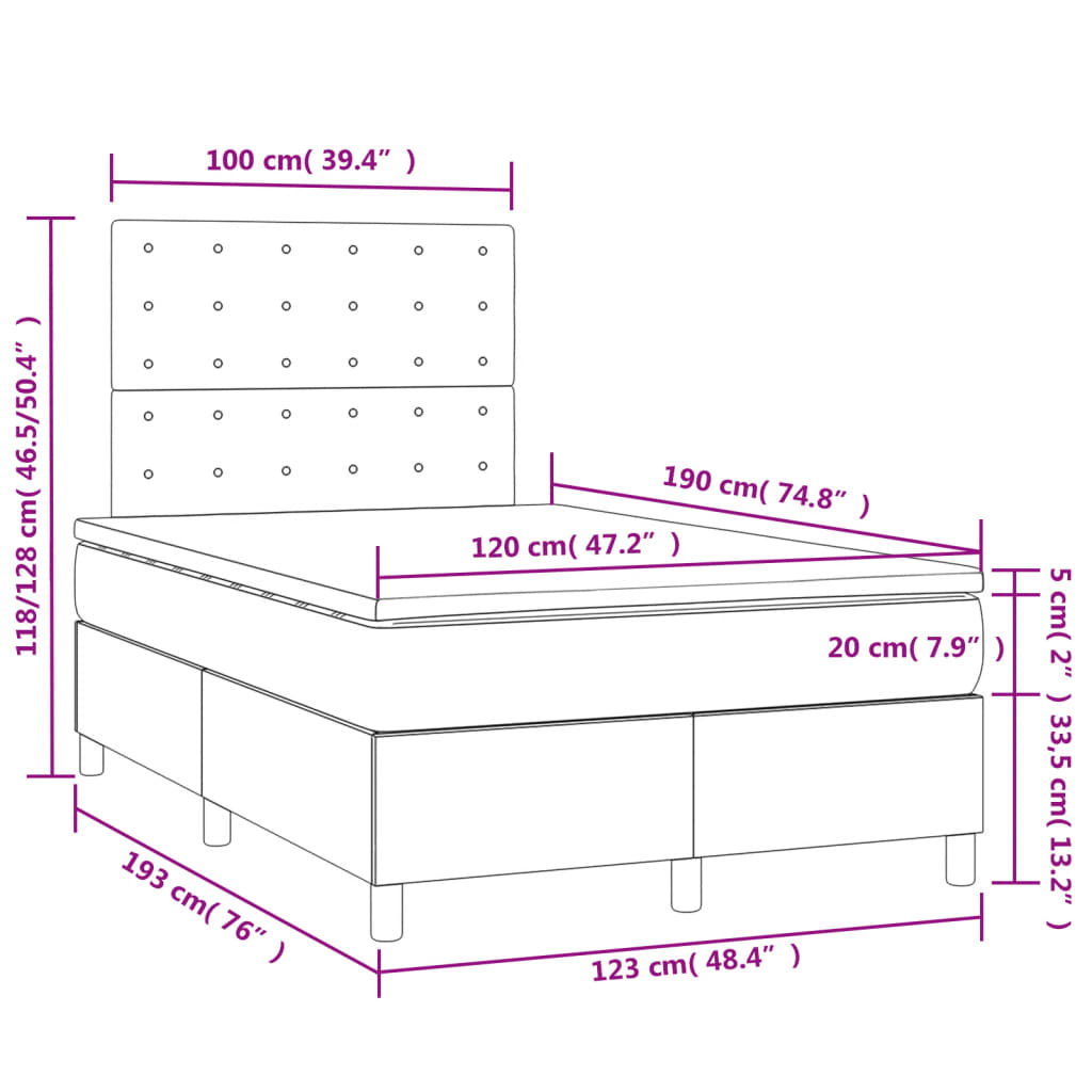 Sommier à lattes de lit matelas et LED crème 120x190 cm tissu