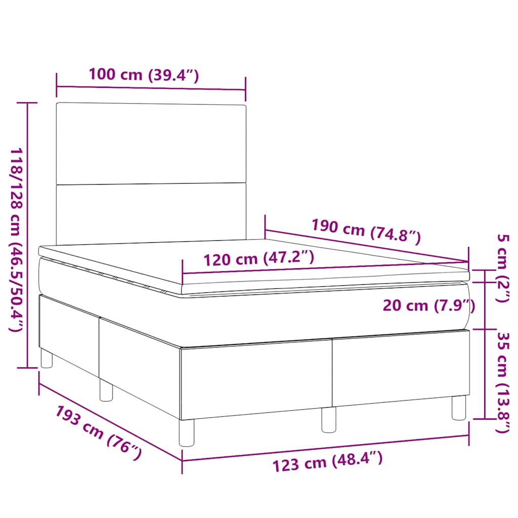 Sommier à lattes de lit matelas LED gris foncé 120x190 cm tissu