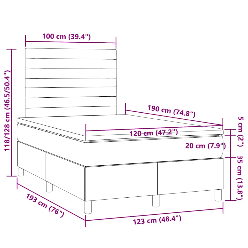 Sommier à lattes de lit matelas et LED taupe 120x190 cm tissu