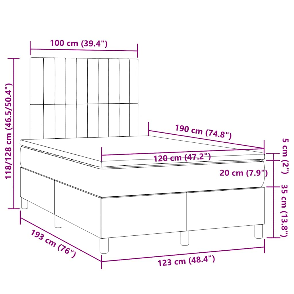 Sommier à lattes de lit matelas et LED noir 120x190 cm tissu