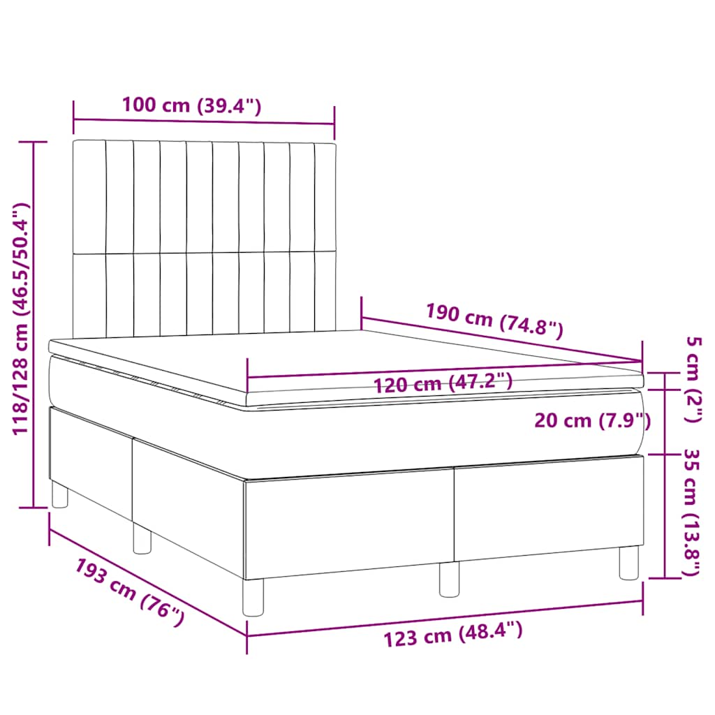 Sommier à lattes de lit matelas et LED marron foncé 120x190 cm