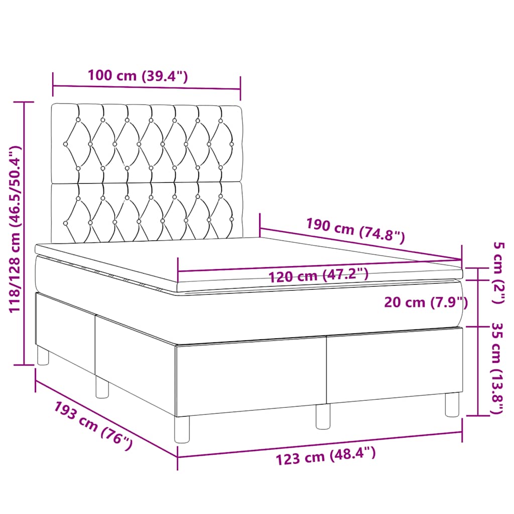 Sommier à lattes de lit matelas et LED taupe 120x190 cm tissu