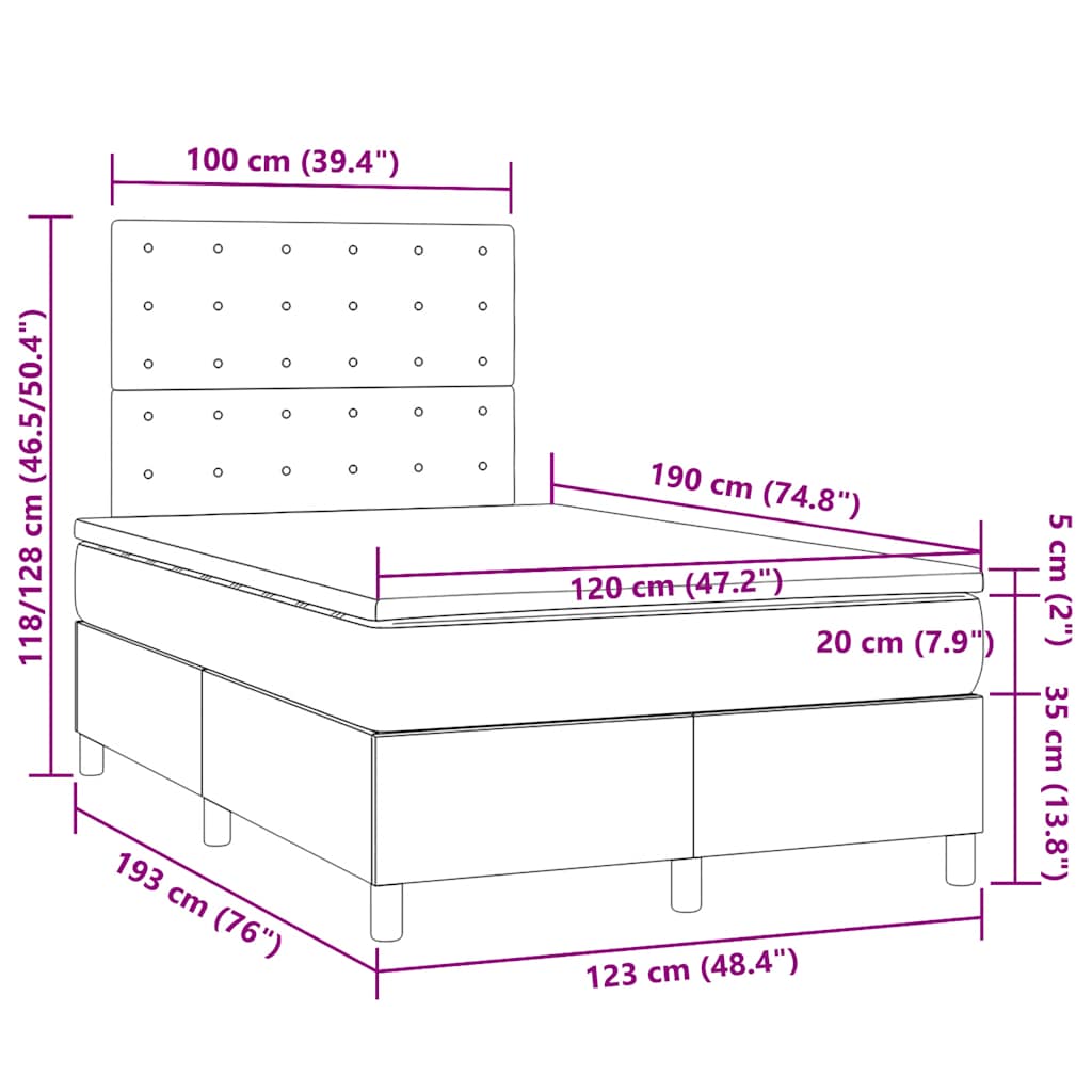 Sommier à lattes de lit matelas et LED noir 120x190 cm tissu