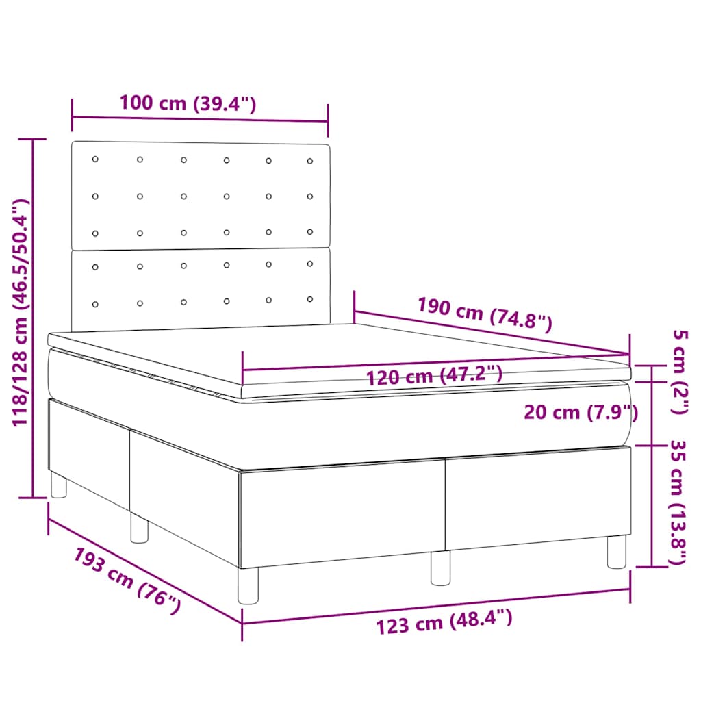 Sommier à lattes de lit matelas et LED taupe 120x190 cm tissu