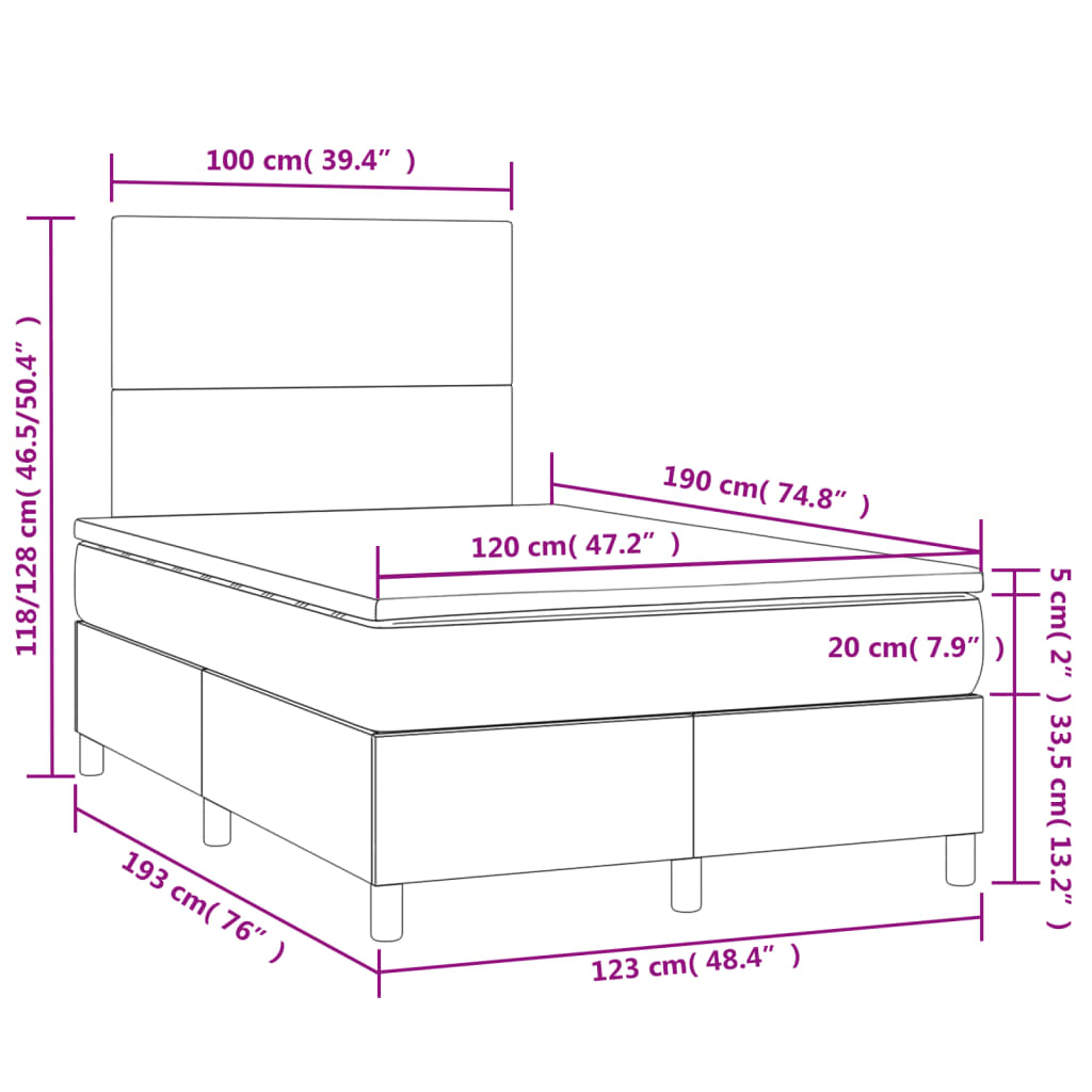 Sommier à lattes de lit et matelas LED noir 120x190 cm velours