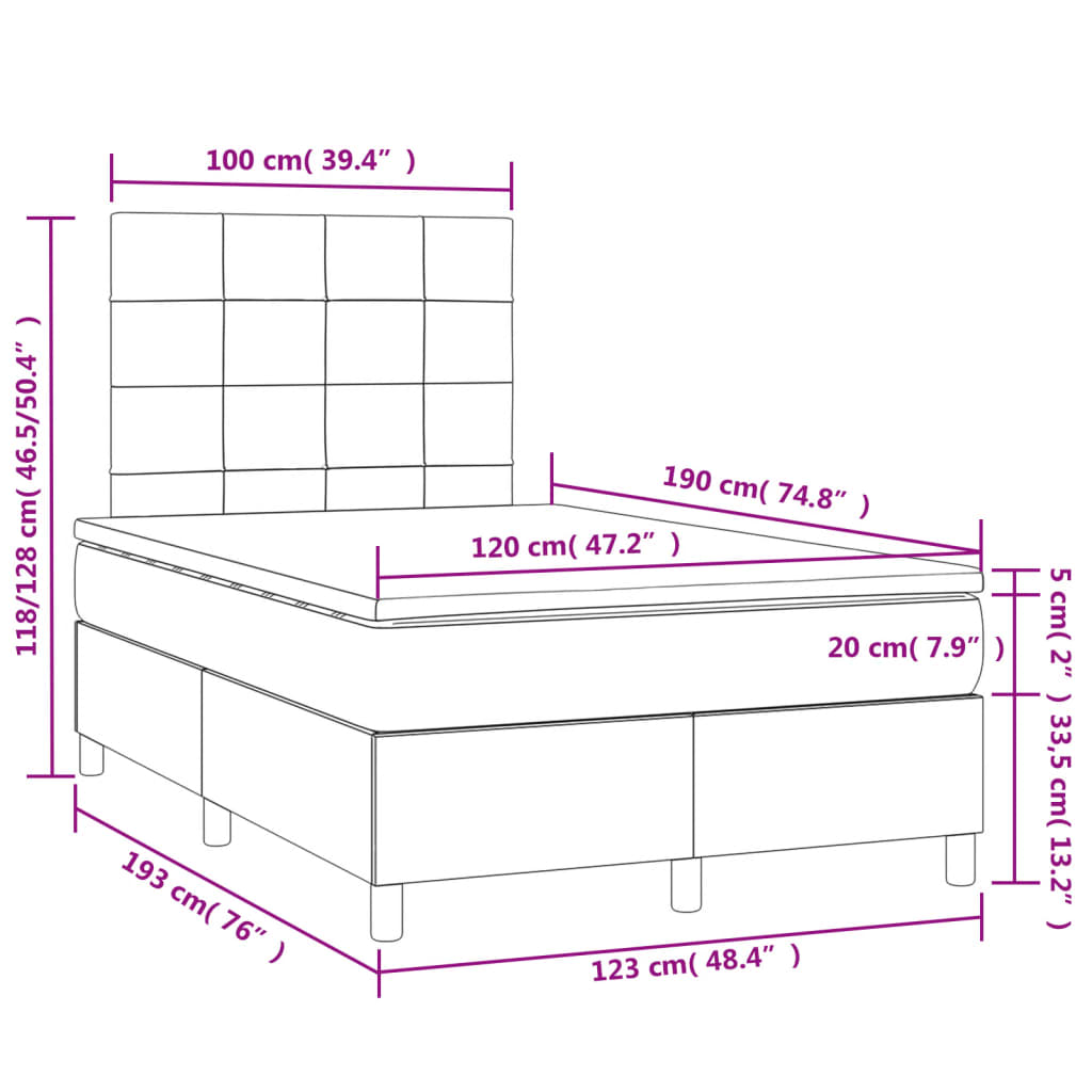 Sommier à lattes de lit et matelas LED noir 120x190 cm velours