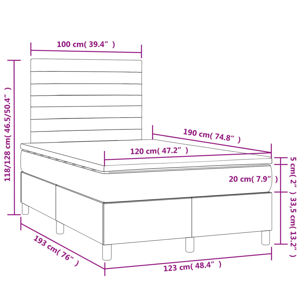 Sommier à lattes de lit et matelas LED rose 120x190 cm velours