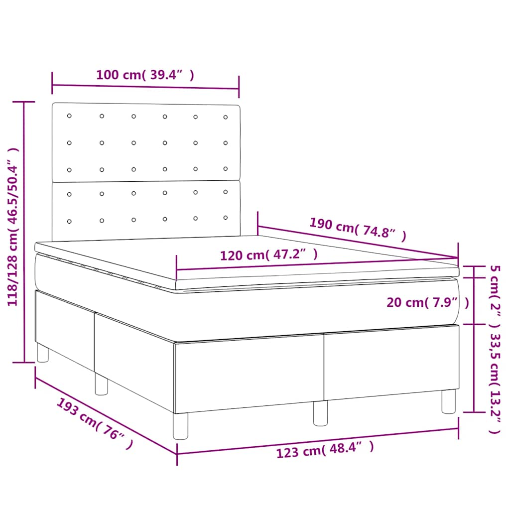 Sommier à lattes de lit et matelas LED rose 120x190 cm velours