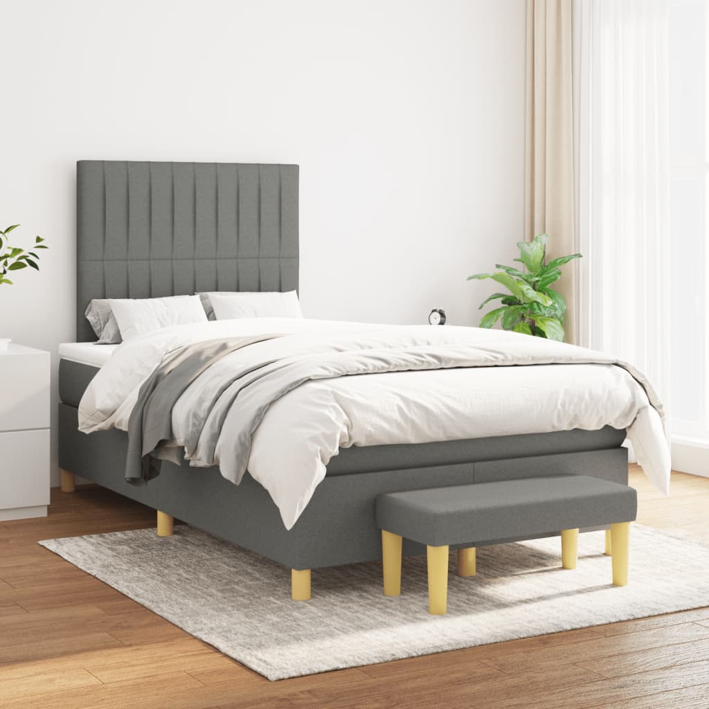 Slatted bed base with dark gray mattress 120x190cm fabric