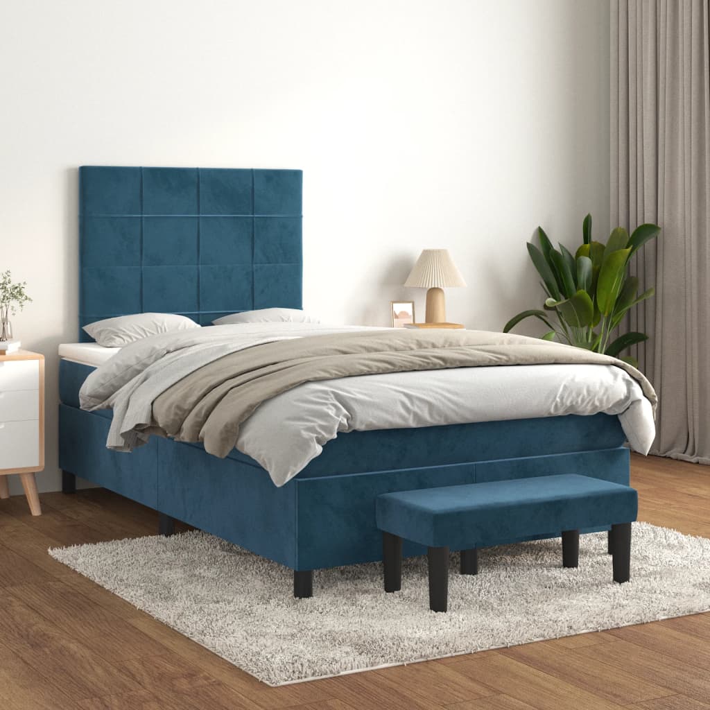 Dark blue slatted bed base and mattress 120x190cm velvet