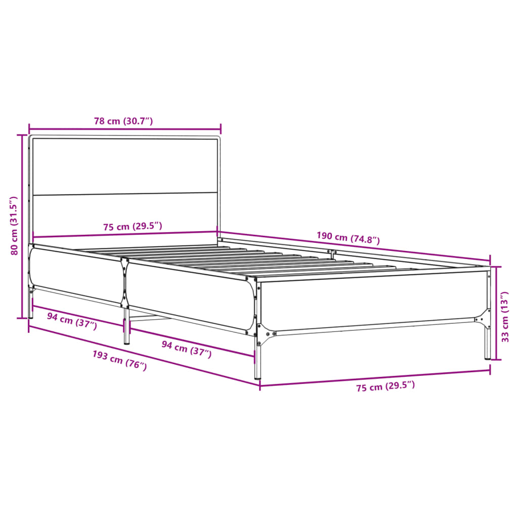 Bed frame without mattress sonoma oak 75x190 cm