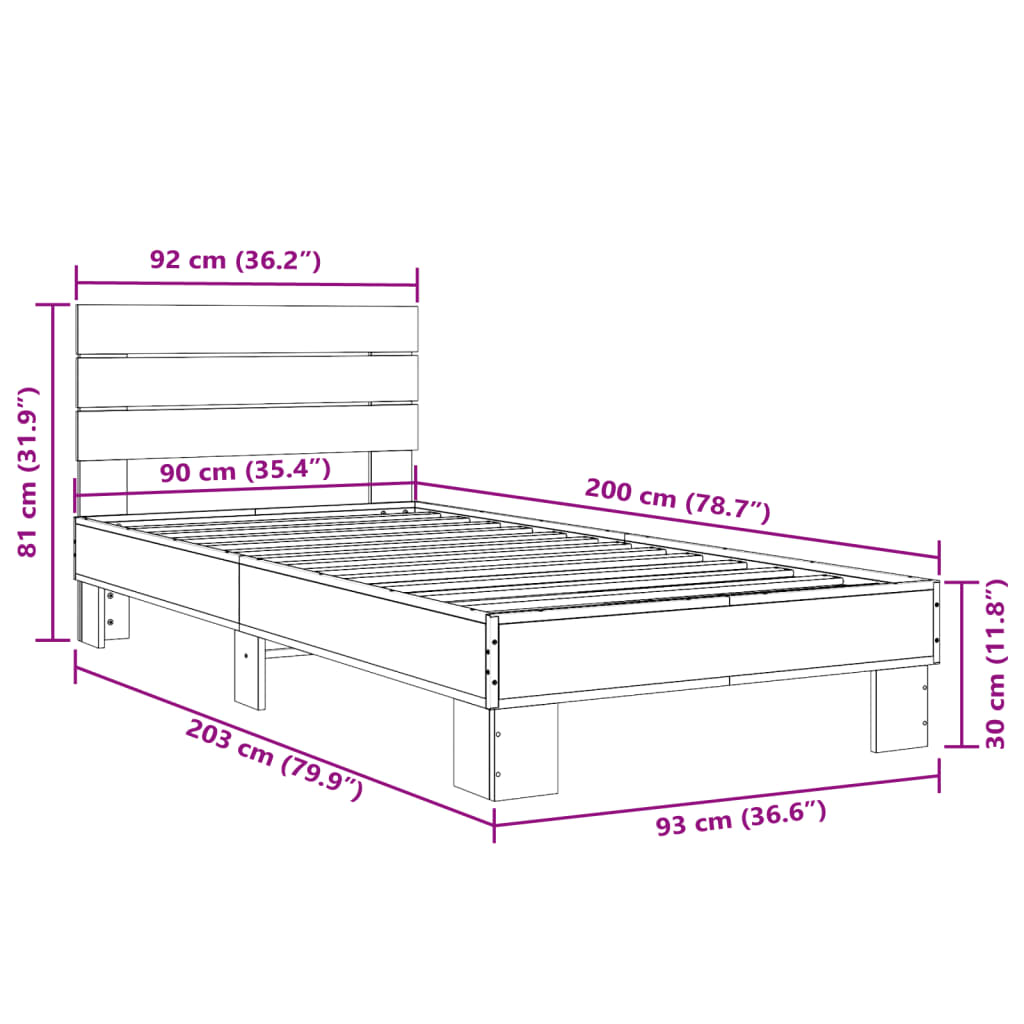 Bettgestell ohne Matratze, braune Eiche, 90 x 200 cm