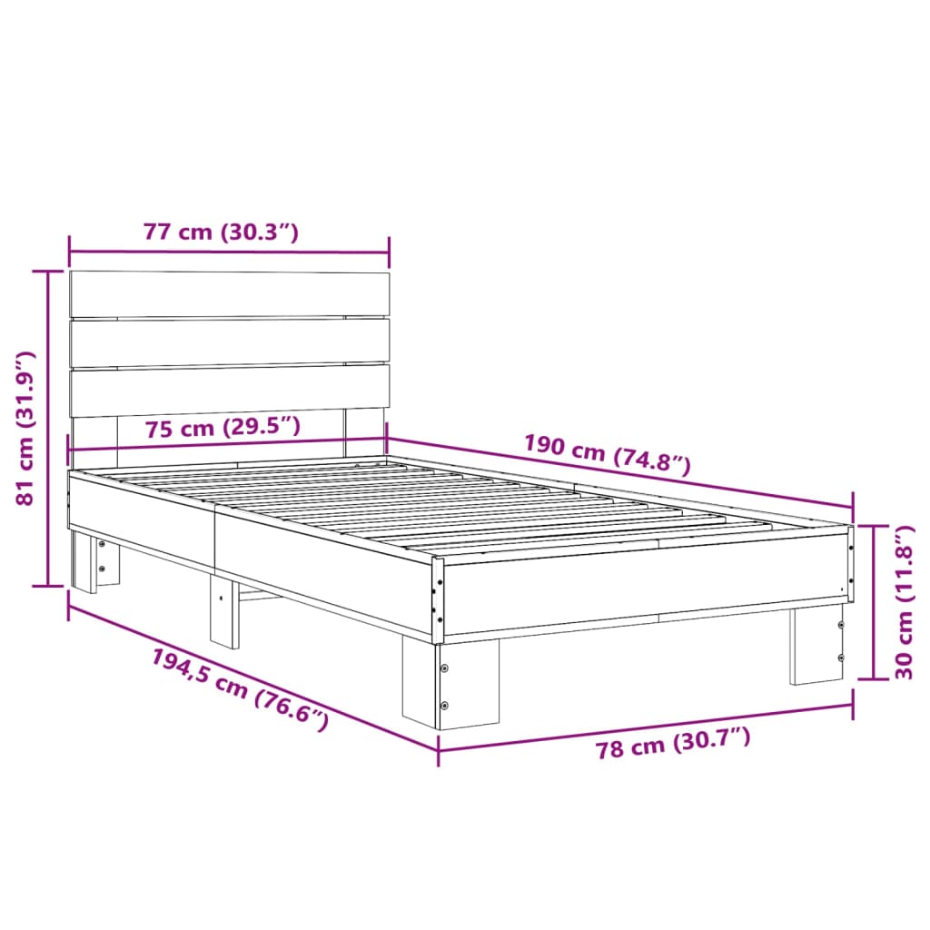 Bed frame without mattress sonoma oak 75x190 cm