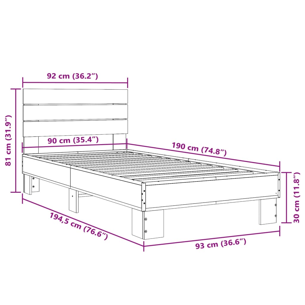 Bettgestell ohne Matratze, braune Eiche, 90 x 190 cm