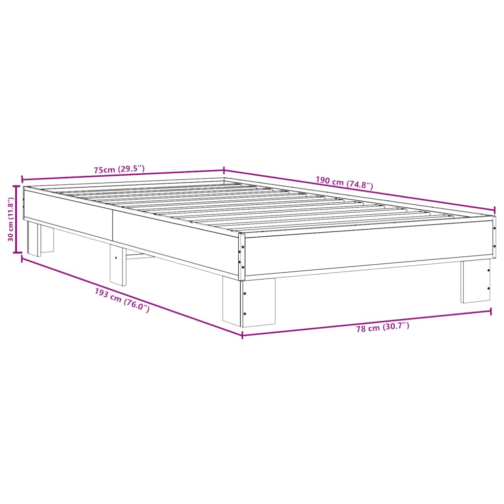 Bed frame without mattress brown oak 75x190 cm