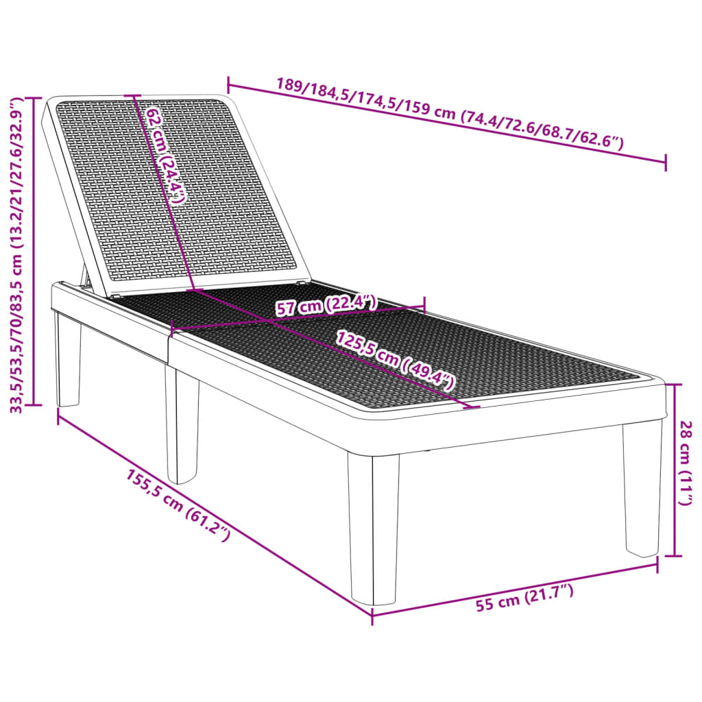 Chaise longue réglable en hauteur à 4 positions polypropylène