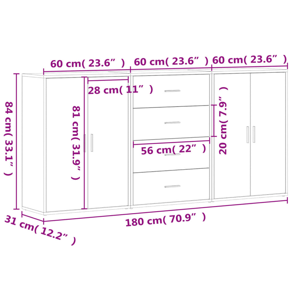 Buffets 3 pcs blanc 60x31x84 cm bois d'ingénierie