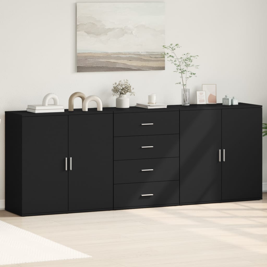 Buffets 3 pcs noir bois d'ingénierie