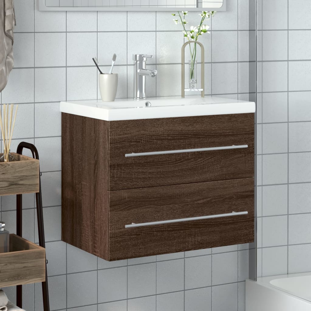 Armoire lavabo de salle de bain et bassin intégré chêne marron