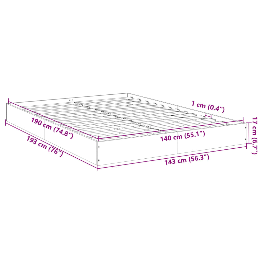 Cadre de lit sans matelas gris béton 140x190 cm