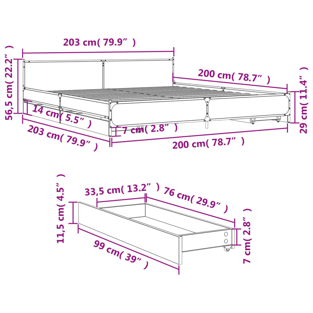 Cadre de lit avec tiroirs sans matelas chêne sonoma 200x200 cm