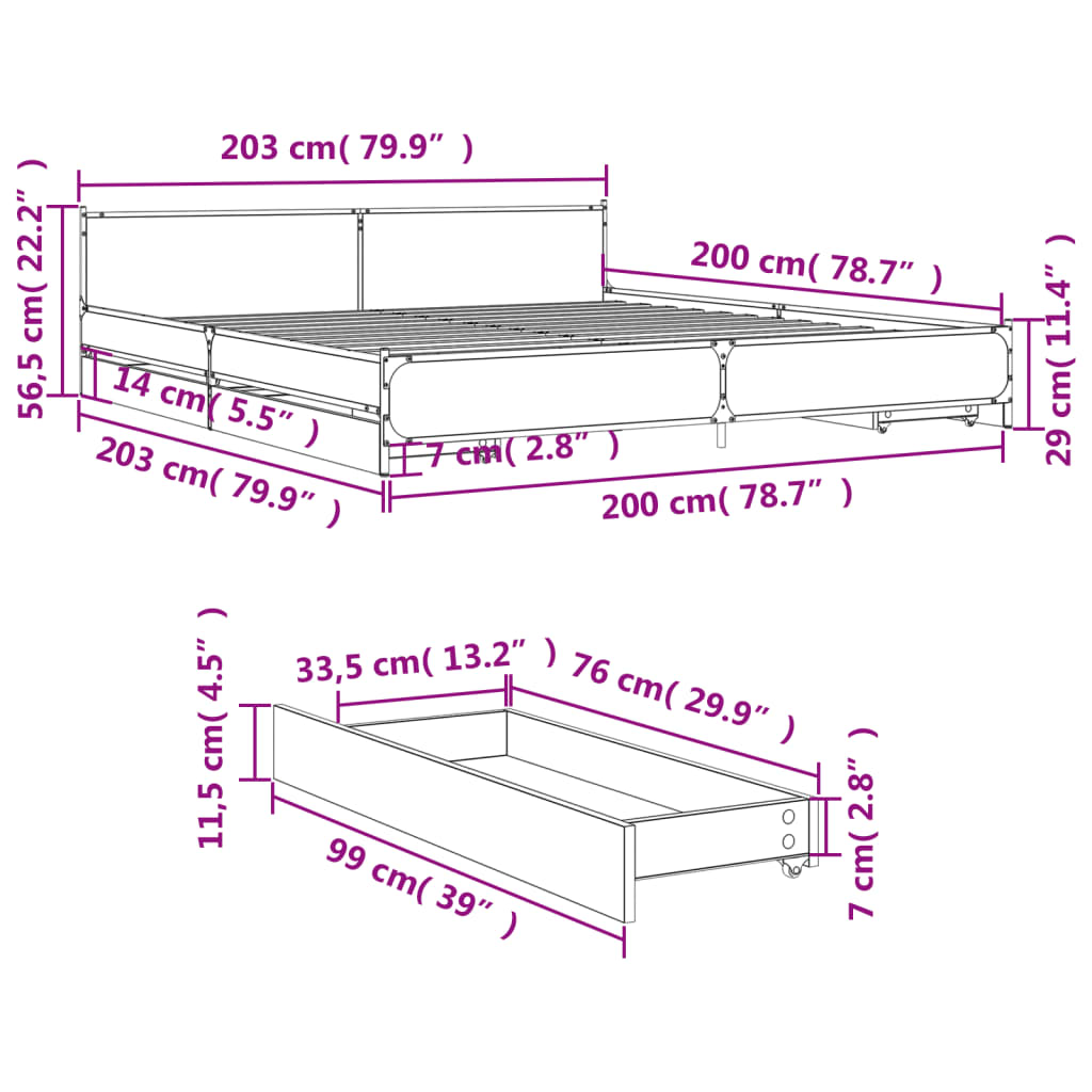 Cadre de lit avec tiroirs sans matelas chêne marron 200x200 cm