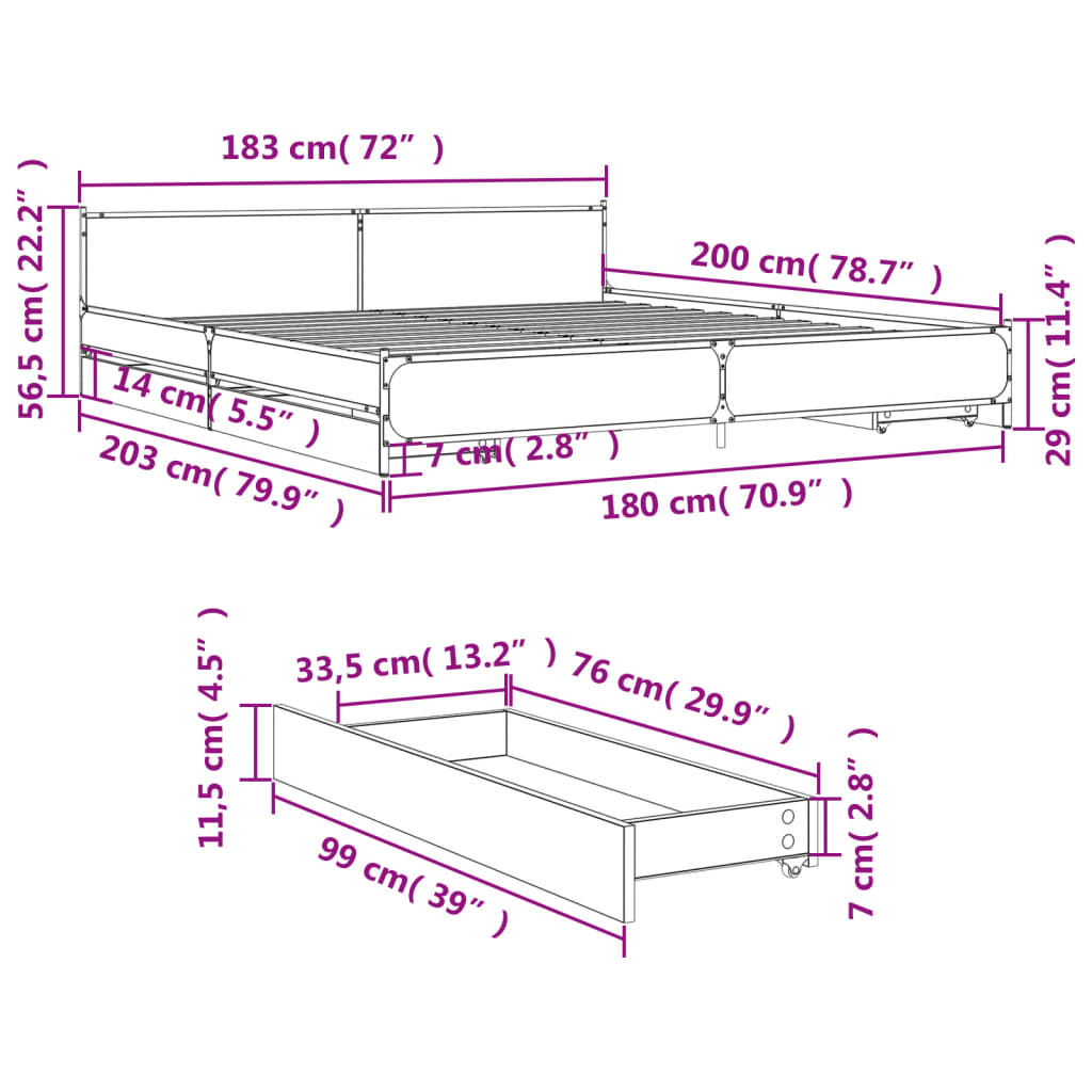 Cadre de lit avec tiroirs sans matelas sonoma gris 180x200 cm