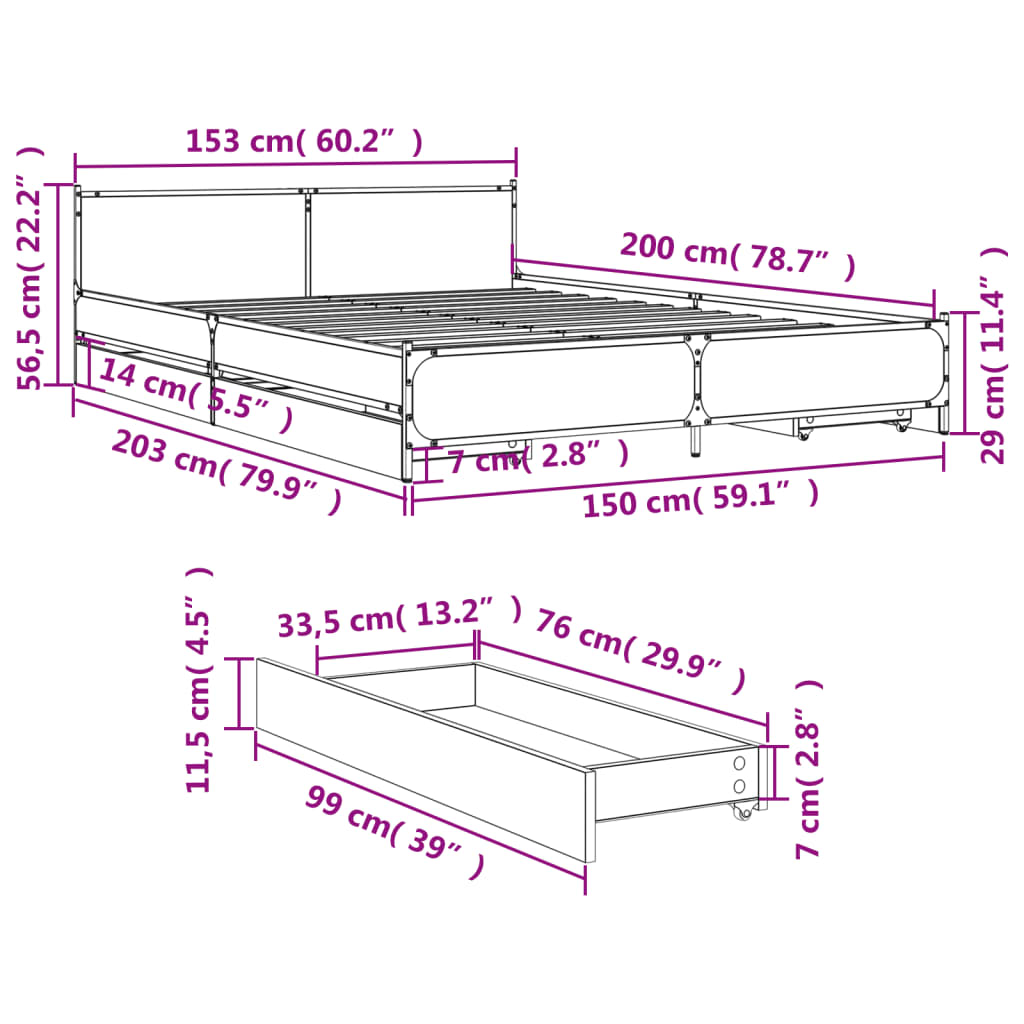 Cadre de lit avec tiroirs sans matelas sonoma gris 150x200 cm