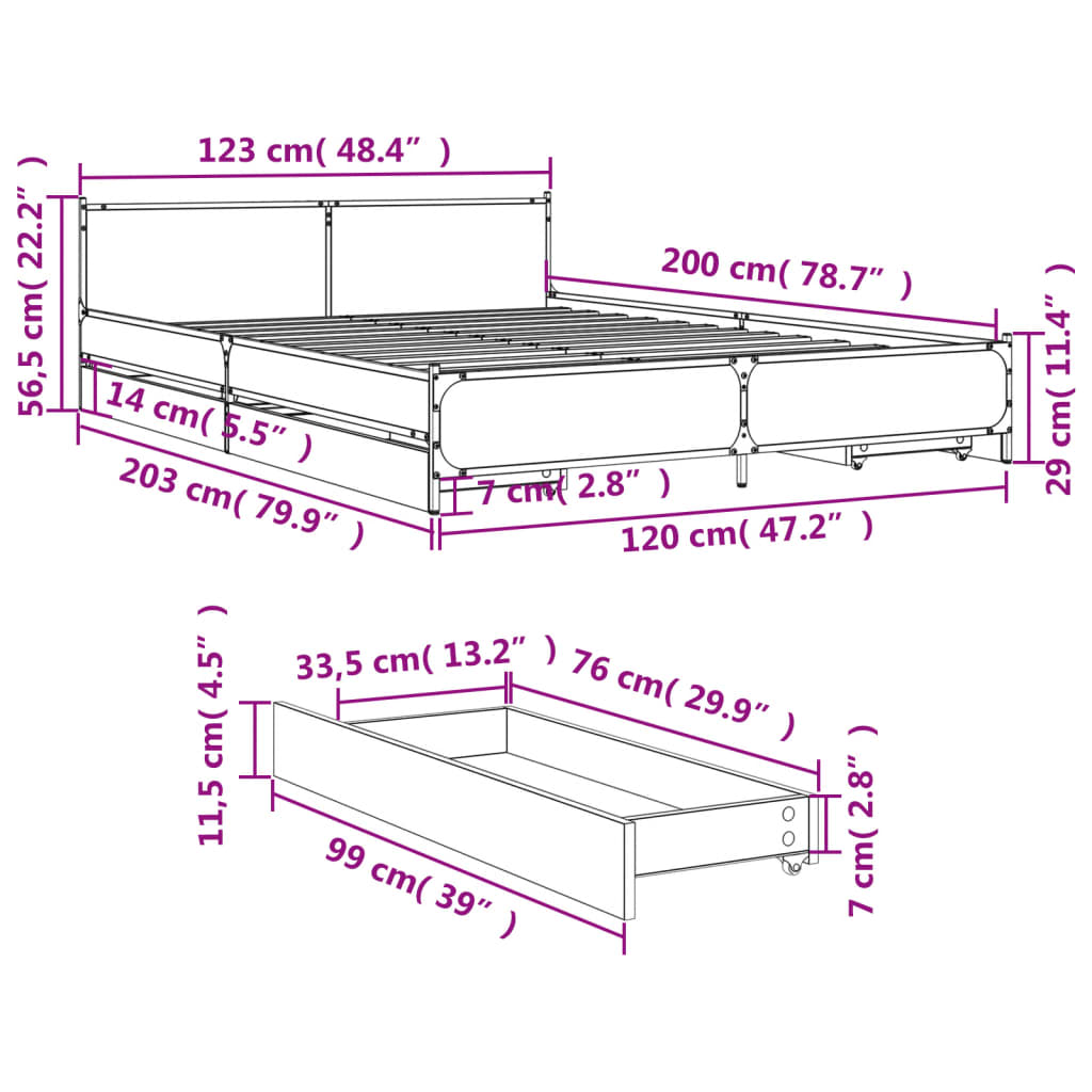 Cadre de lit avec tiroirs sans matelas noir 120x200 cm