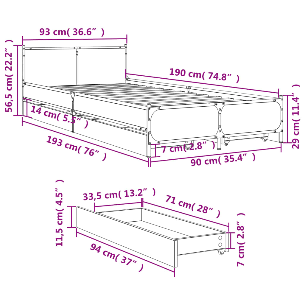 Cadre de lit avec tiroirs sans matelas chêne marron 90x190 cm