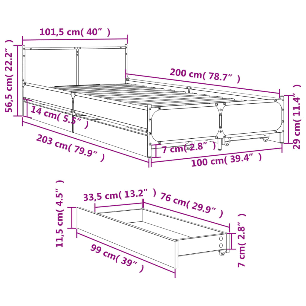 Cadre de lit avec tiroirs sans matelas chêne sonoma 100x200 cm