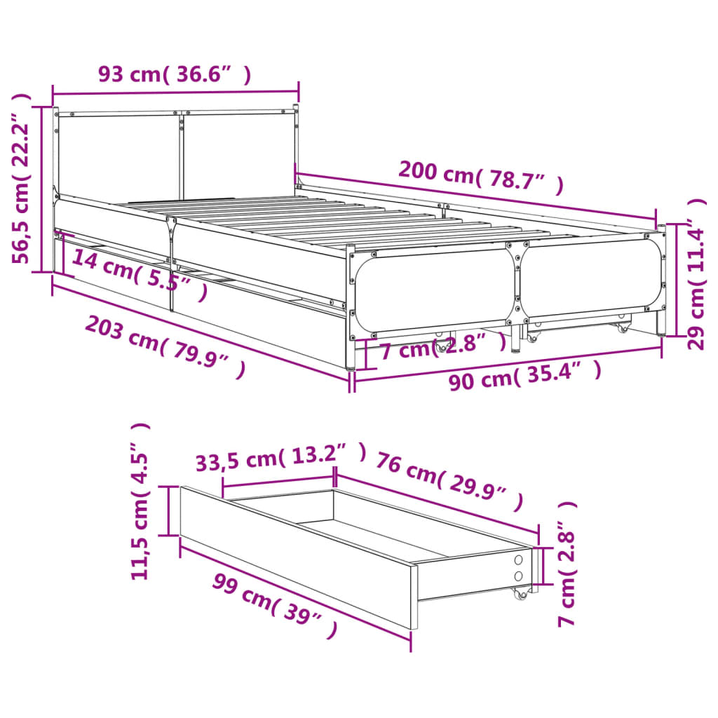 Cadre de lit avec tiroirs sans matelas chêne fumé 90x200 cm