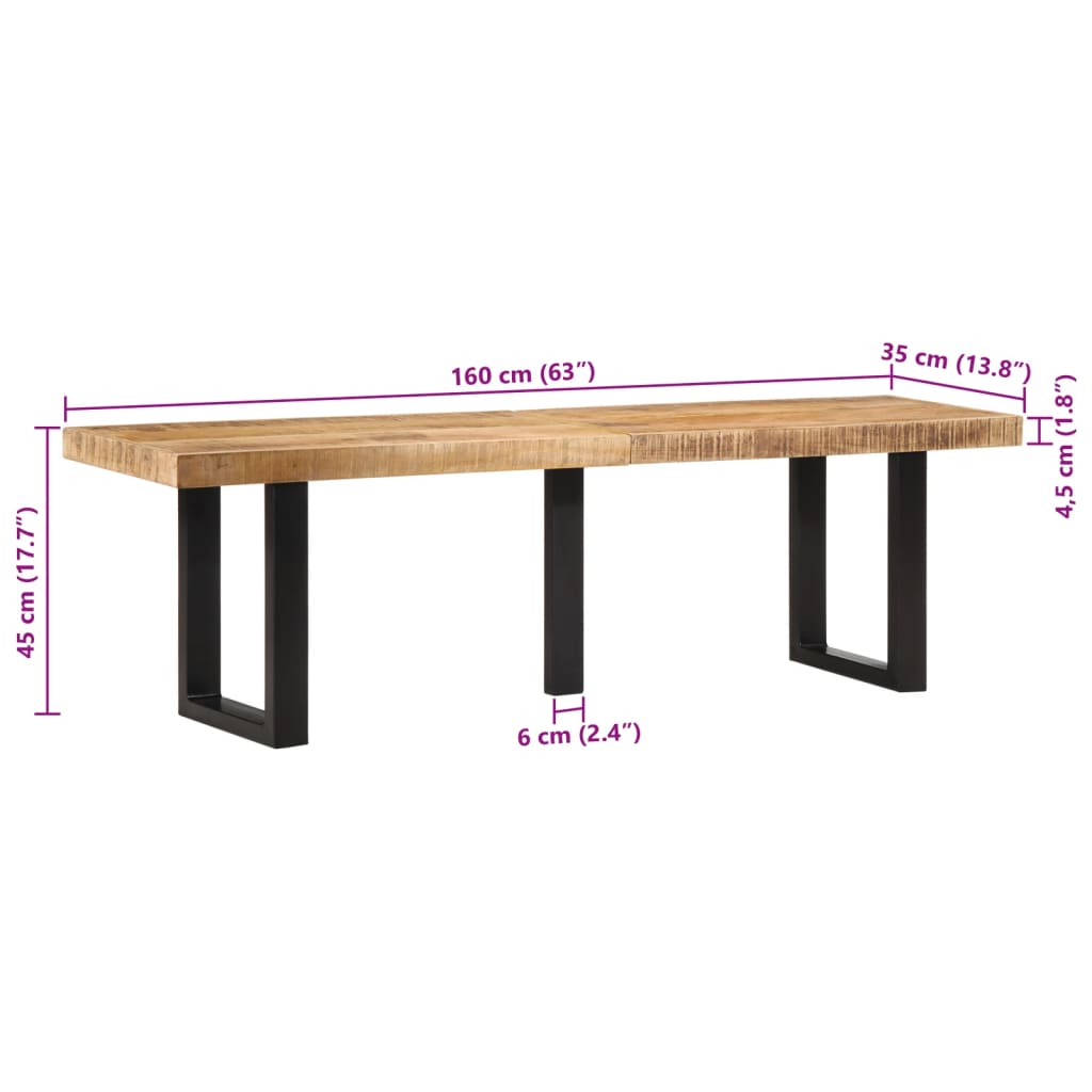 Banc 160 cm bois de manguier brut massif et acier