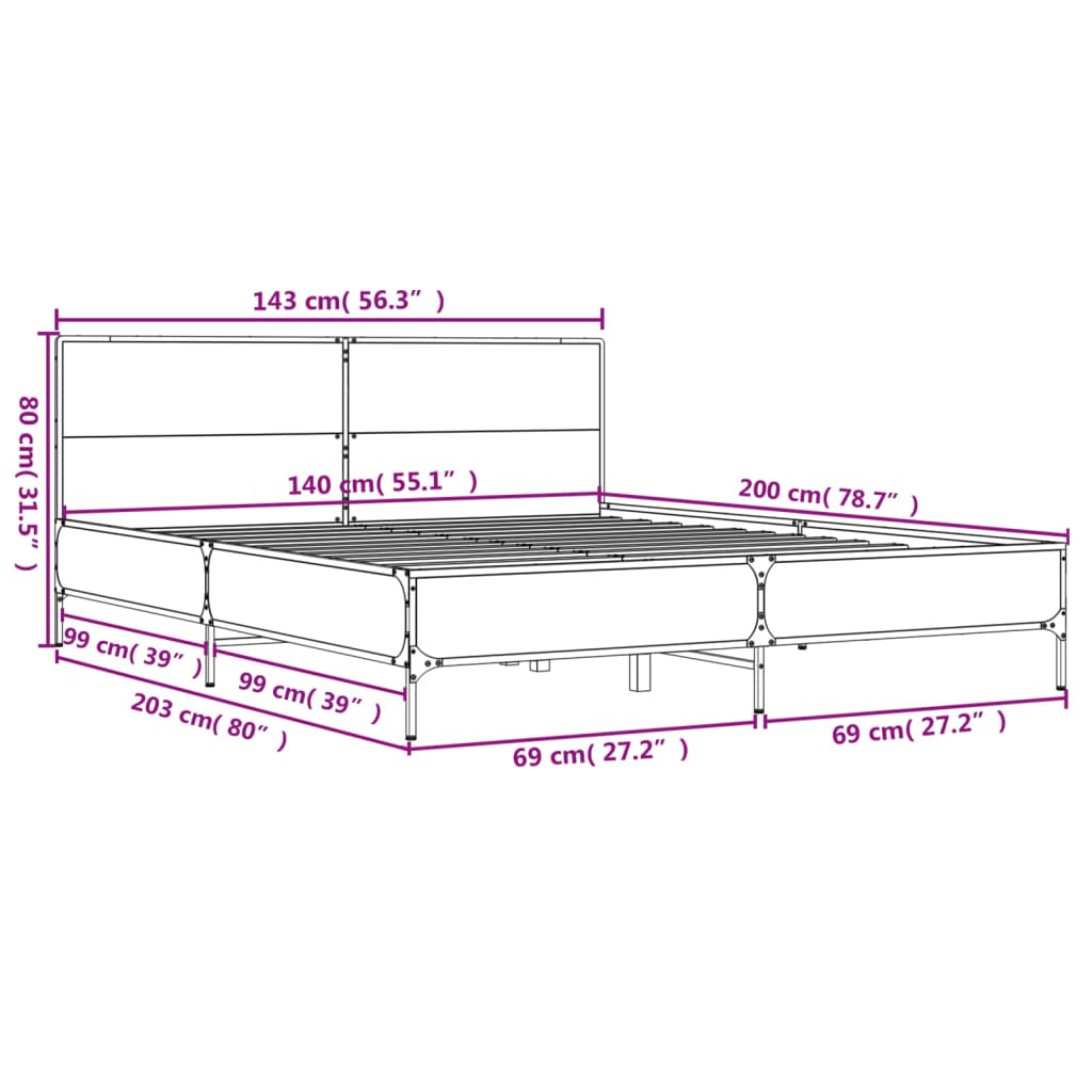 Cadre de lit sans matelas chêne fumé 140x200 cm