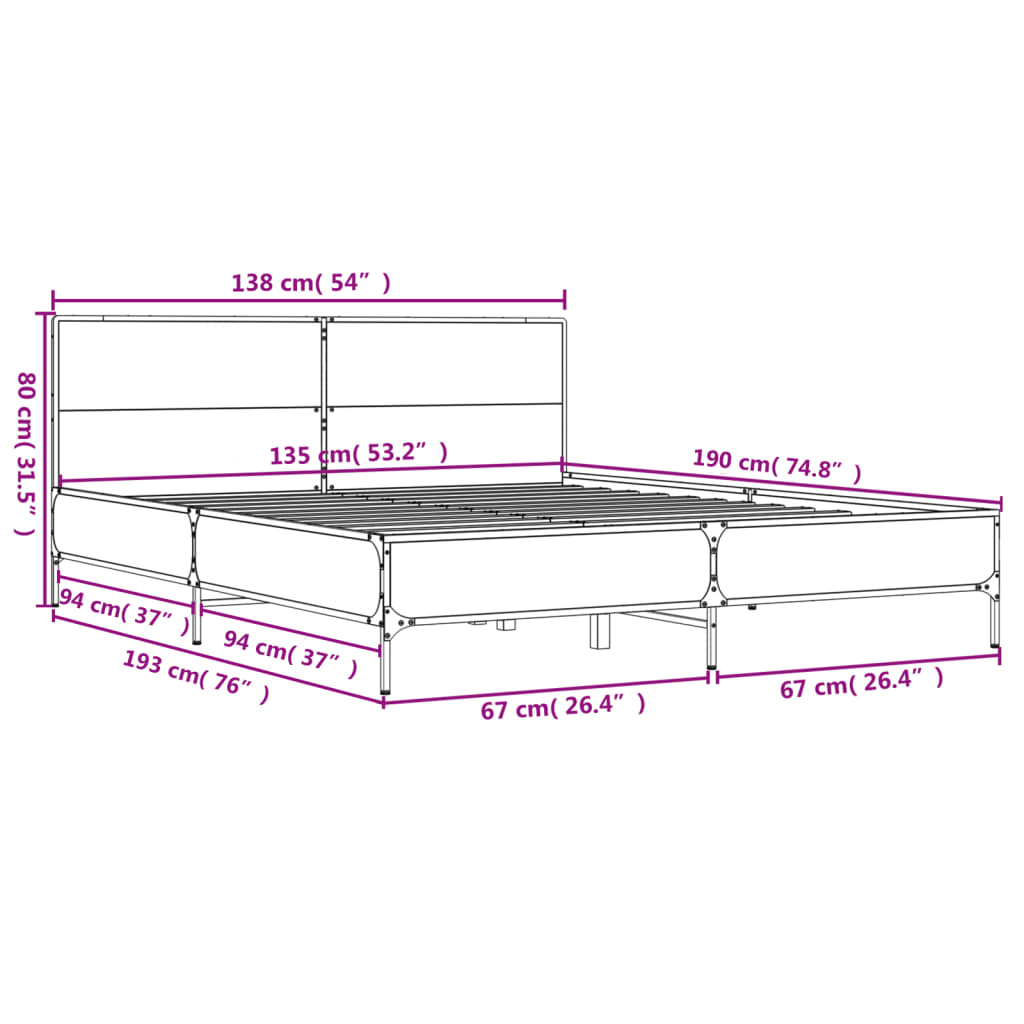 Cadre de lit sans matelas chêne fumé 135x190 cm