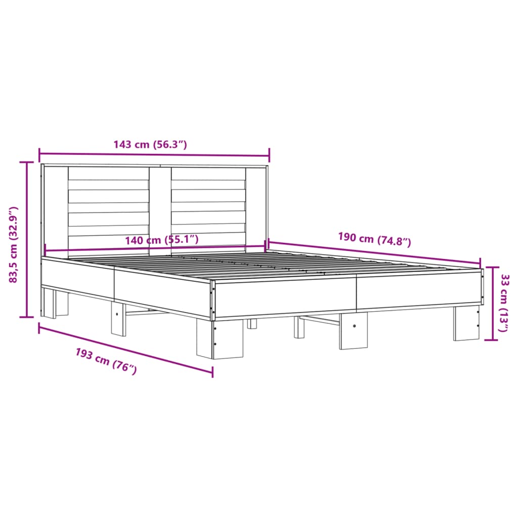 Cadre de lit sans matelas chêne sonoma 140x190 cm