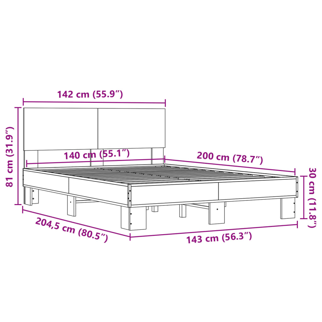 Bed frame without mattress brown oak 140x200 cm