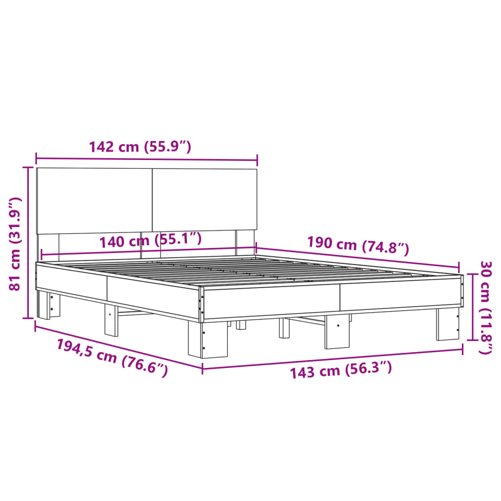 Bed frame without mattress brown oak 140x190 cm