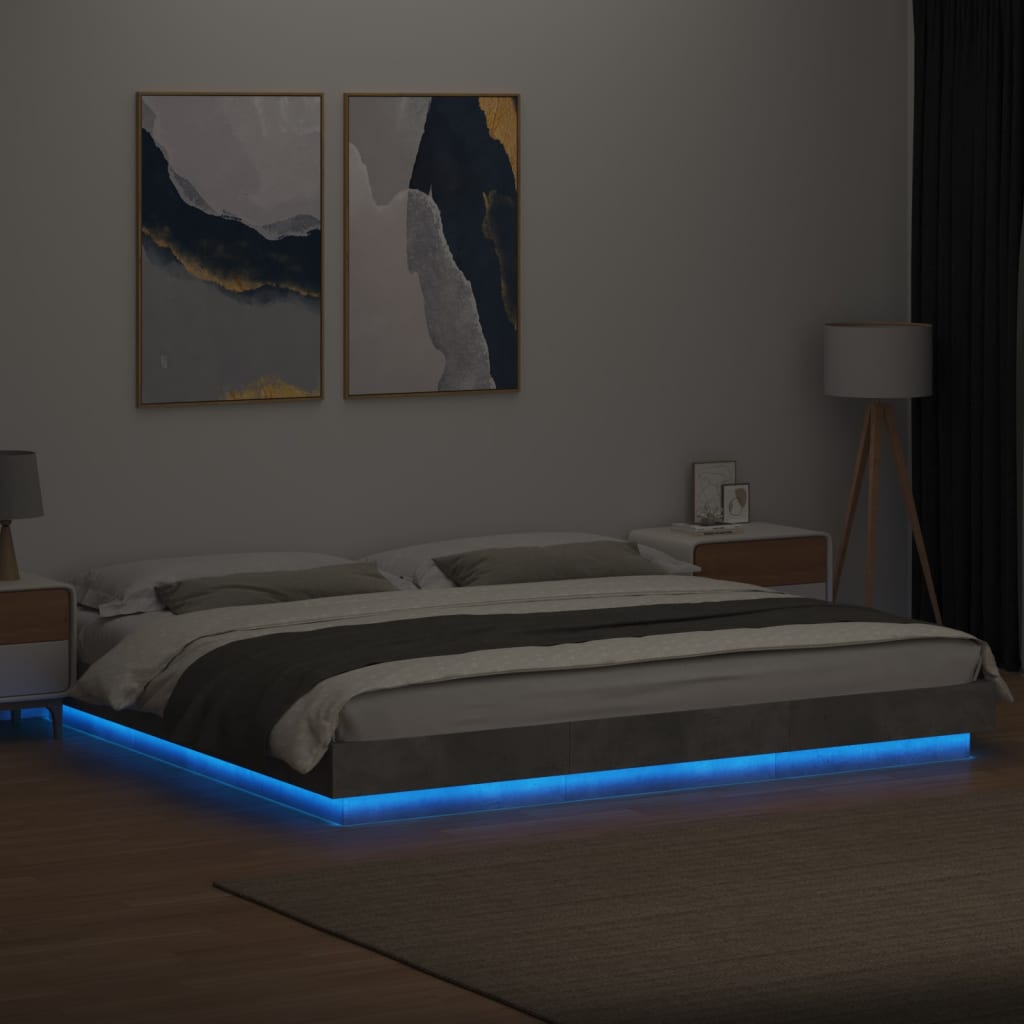 Cadre de lit et lumières LED sans matelas gris béton 200x200 cm