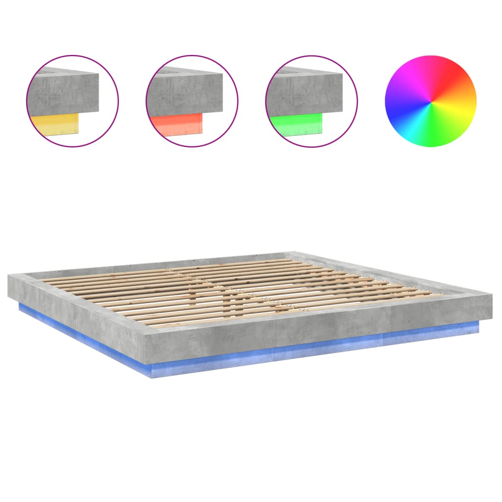 Cadre de lit et lumières LED sans matelas gris béton 200x200 cm