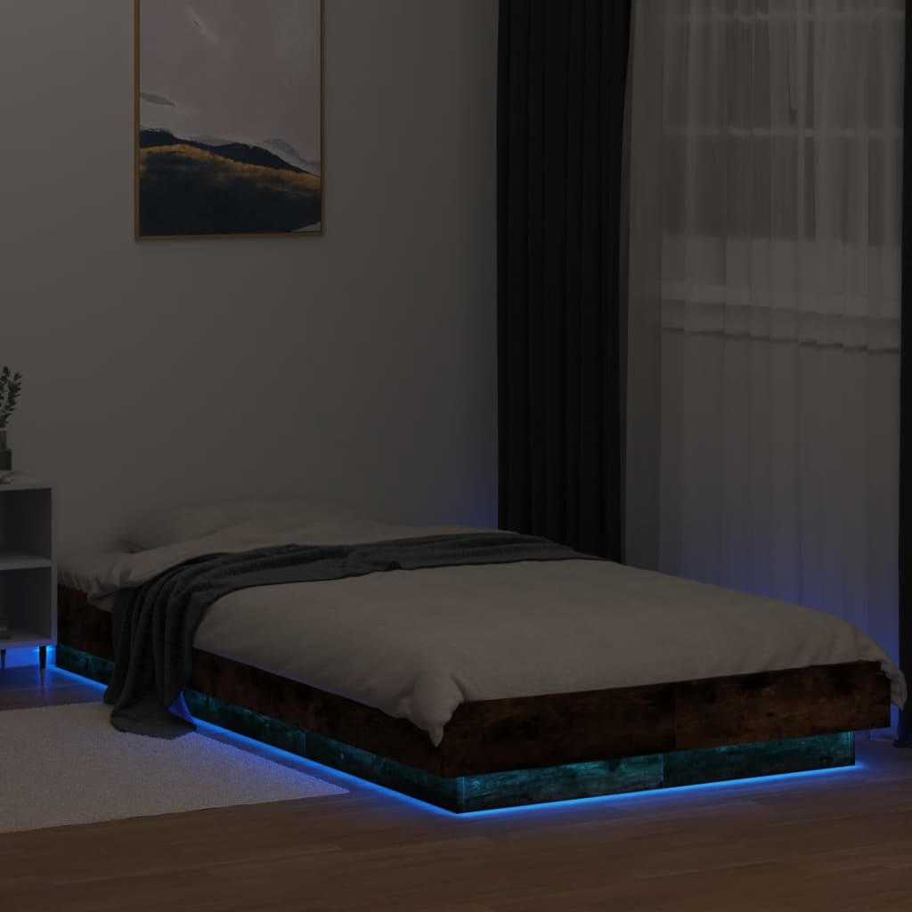 Cadre de lit et lumières LED sans matelas chêne fumé 90x200 cm