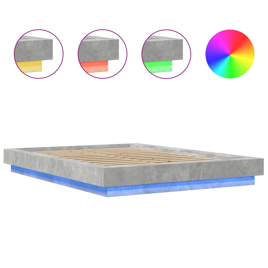 Cadre de lit et lumières LED sans matelas gris béton 140x190 cm