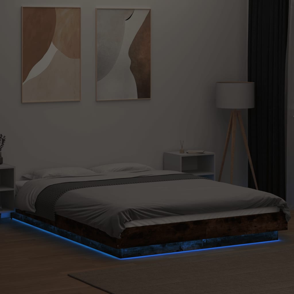 Cadre de lit et lumières LED sans matelas chêne fumé 140x190 cm