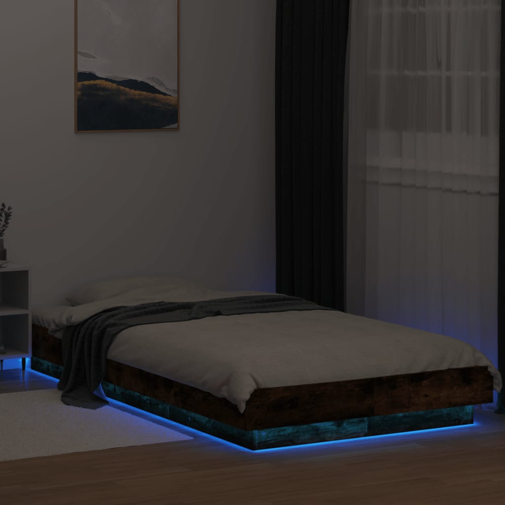 Cadre de lit et lumières LED sans matelas chêne fumé 75x190 cm