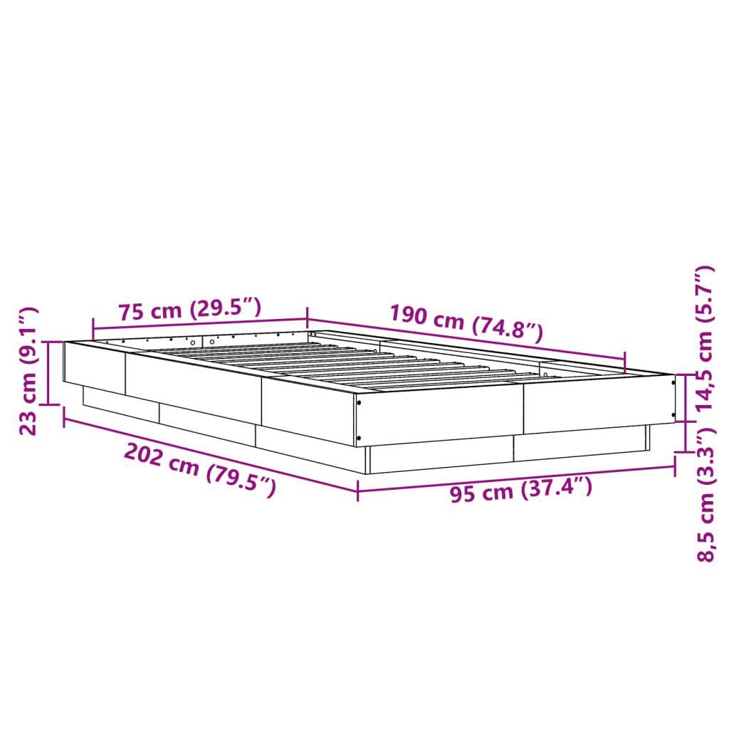 Bed frame without mattress brown oak 75x190 cm