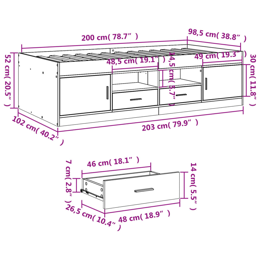 Day bed with drawers without mattress sonoma oak 100x200 cm