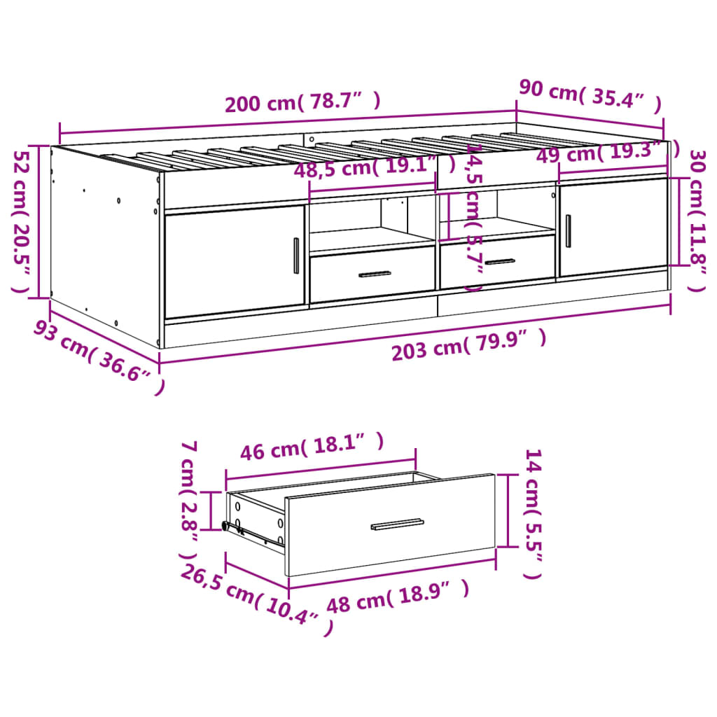 Day bed with drawers without mattress smoked oak 90x200 cm