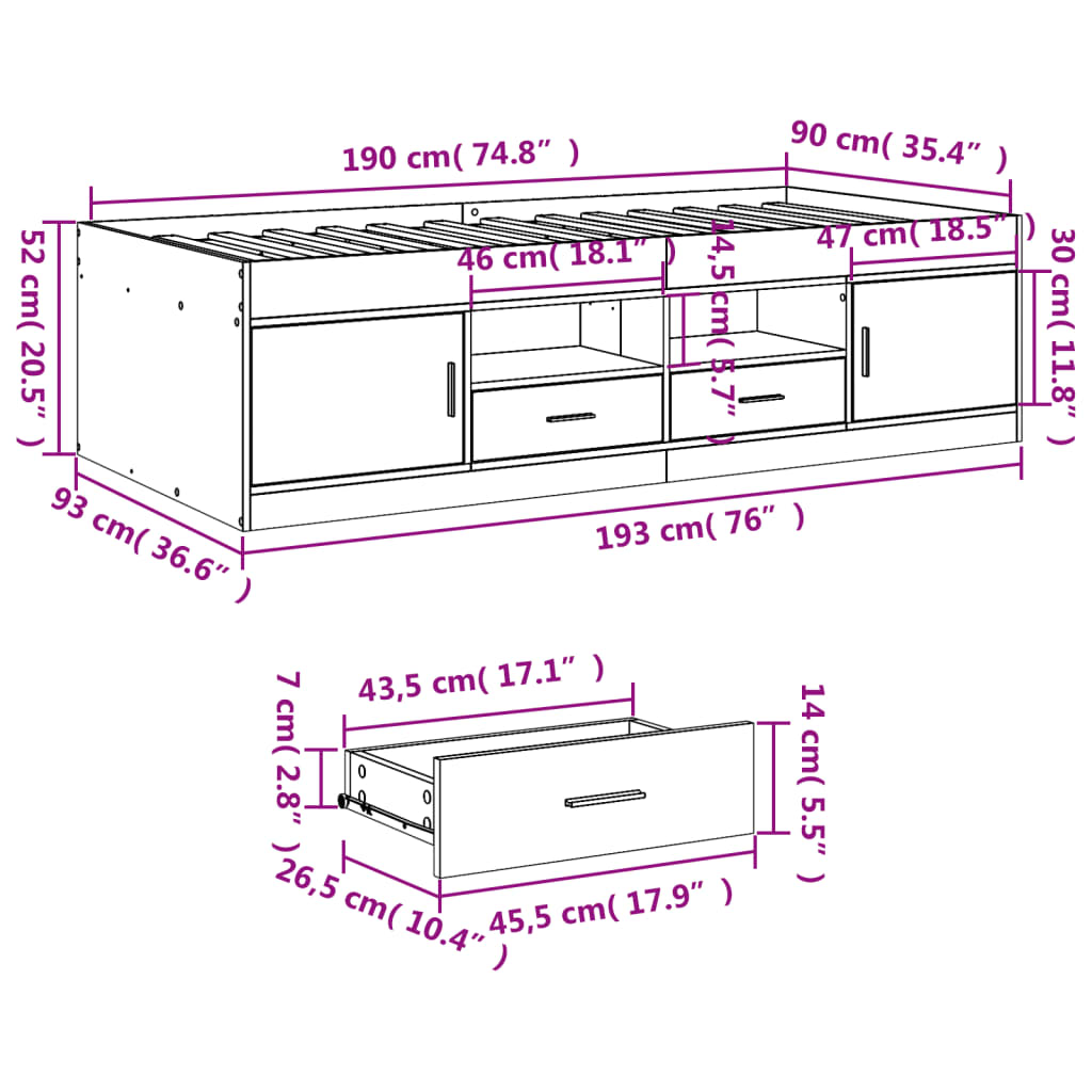 Day bed with drawers without mattress sonoma oak 90x190 cm