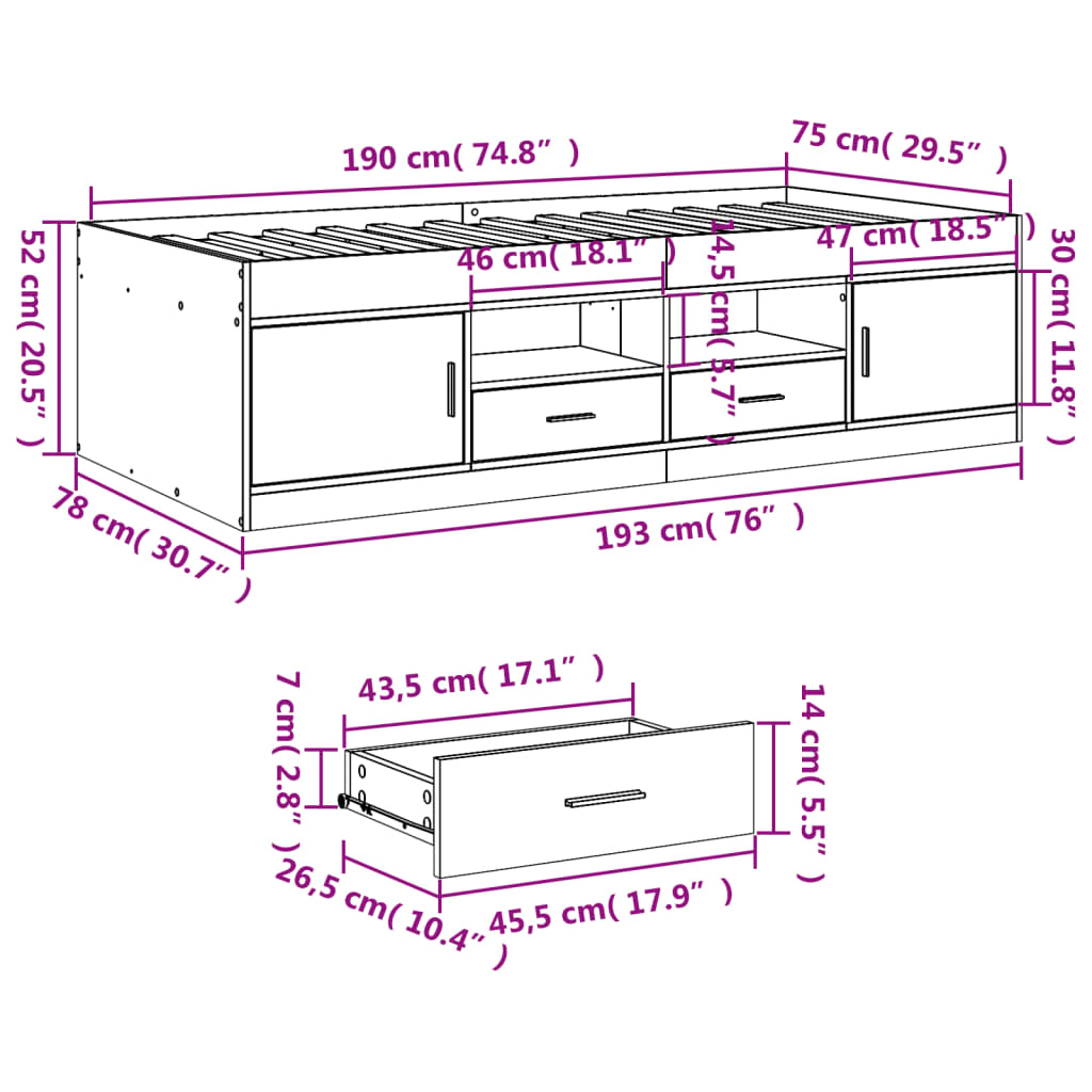 Day bed with drawers without mattress white 75x190 cm